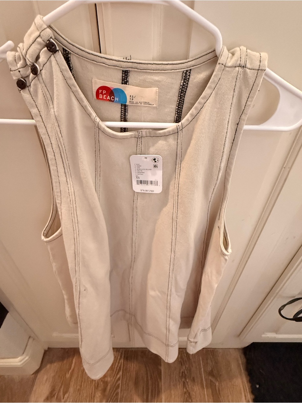 Free People Cream Sleeveless Jeans-Style Tank with Contrast Stitching